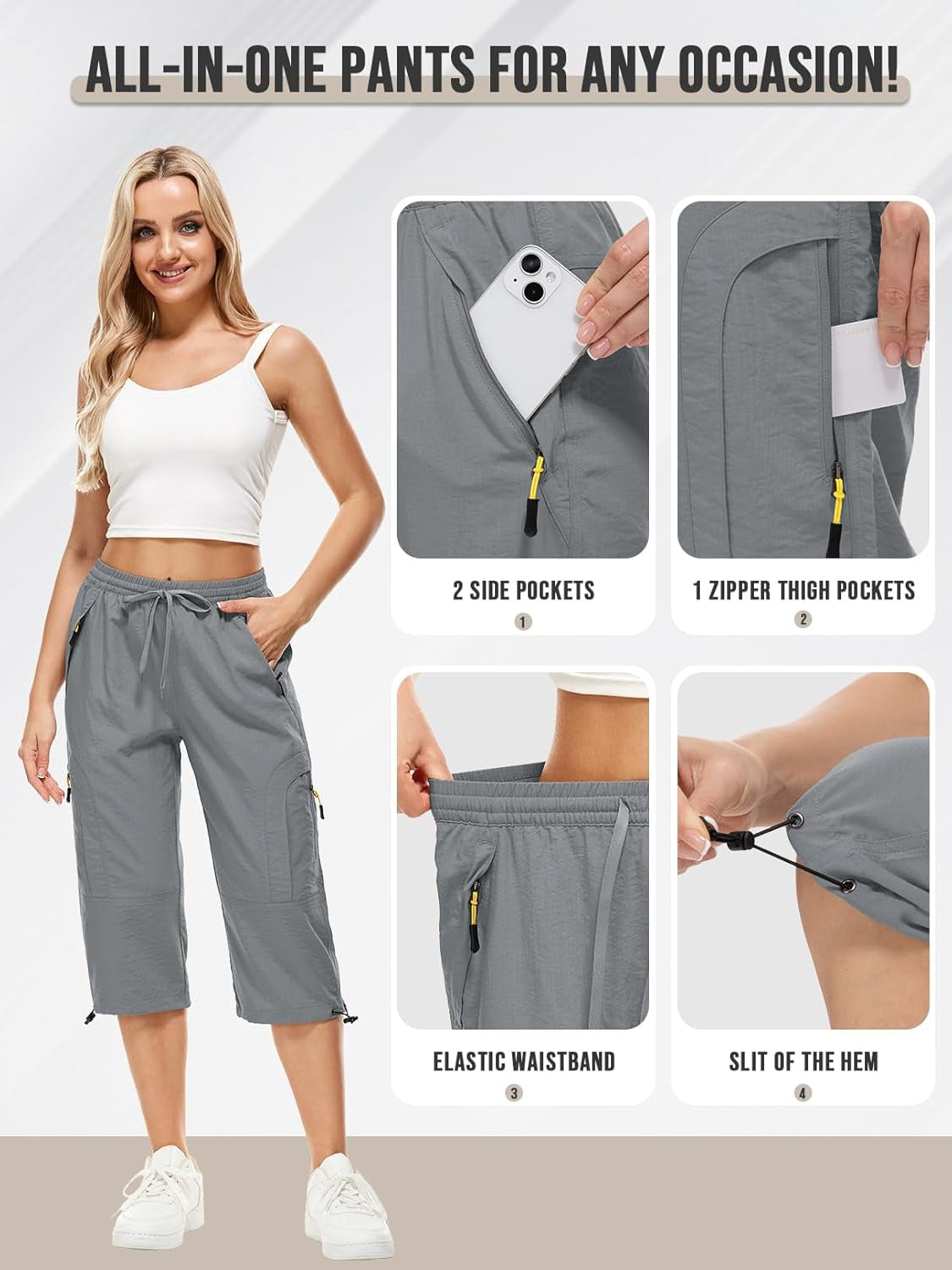 Womens Quick Dry Hiking Shorts, Outdoor Casual Straight Leg Capri Long Shorts for Hiking Camping Travel,Grey,2