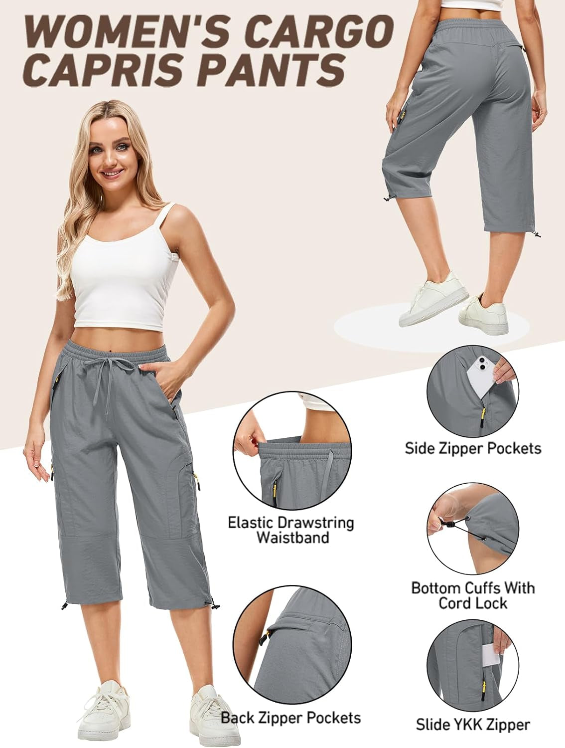 Womens Quick Dry Hiking Shorts, Outdoor Casual Straight Leg Capri Long Shorts for Hiking Camping Travel,Grey,2