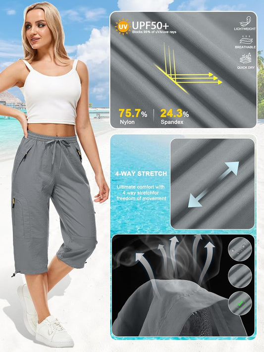 Womens Quick Dry Hiking Shorts, Outdoor Casual Straight Leg Capri Long Shorts for Hiking Camping Travel,Grey,2
