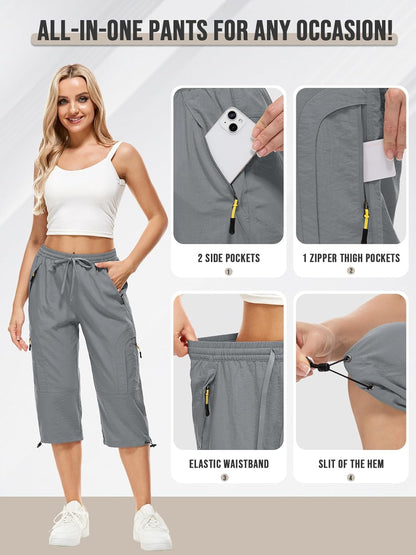 Womens Quick Dry Hiking Shorts, Outdoor Casual Straight Leg Capri Long Shorts for Hiking Camping Travel,Grey,2