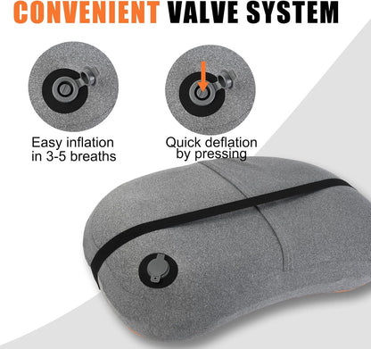 Ultralight Portable Inflatable Camping Pillow - Ergonomic Neck & Lumbar Support Travel Pillow with Washable Cover for Outdoor Comfort